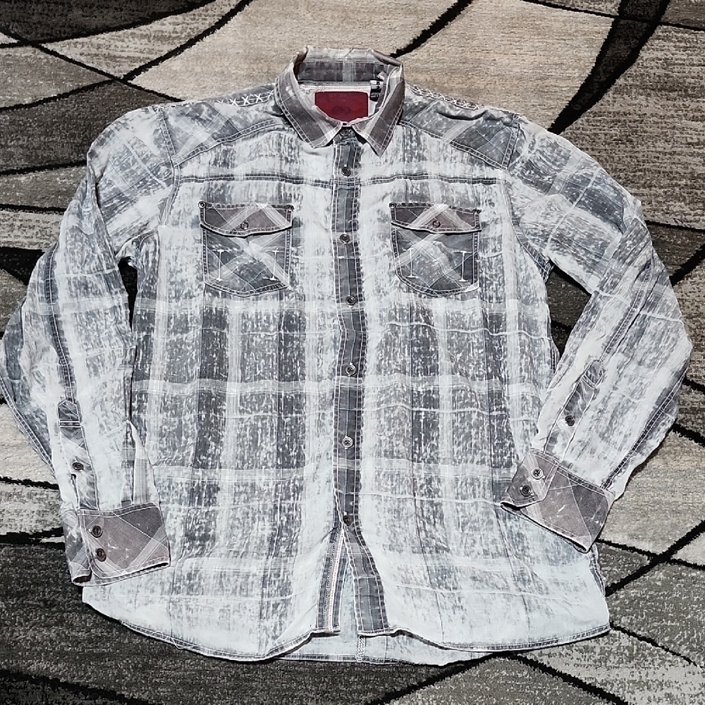 BUCKLE INDIGO STAR GRAY EMBROIDERED COLOR-POP BLUE BUTTON-DOWN LONG-SLEEVEDSHIRT